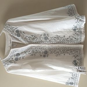 Tunic Long Sleeve Button Down Side Slits Embroidered Linen Cotton